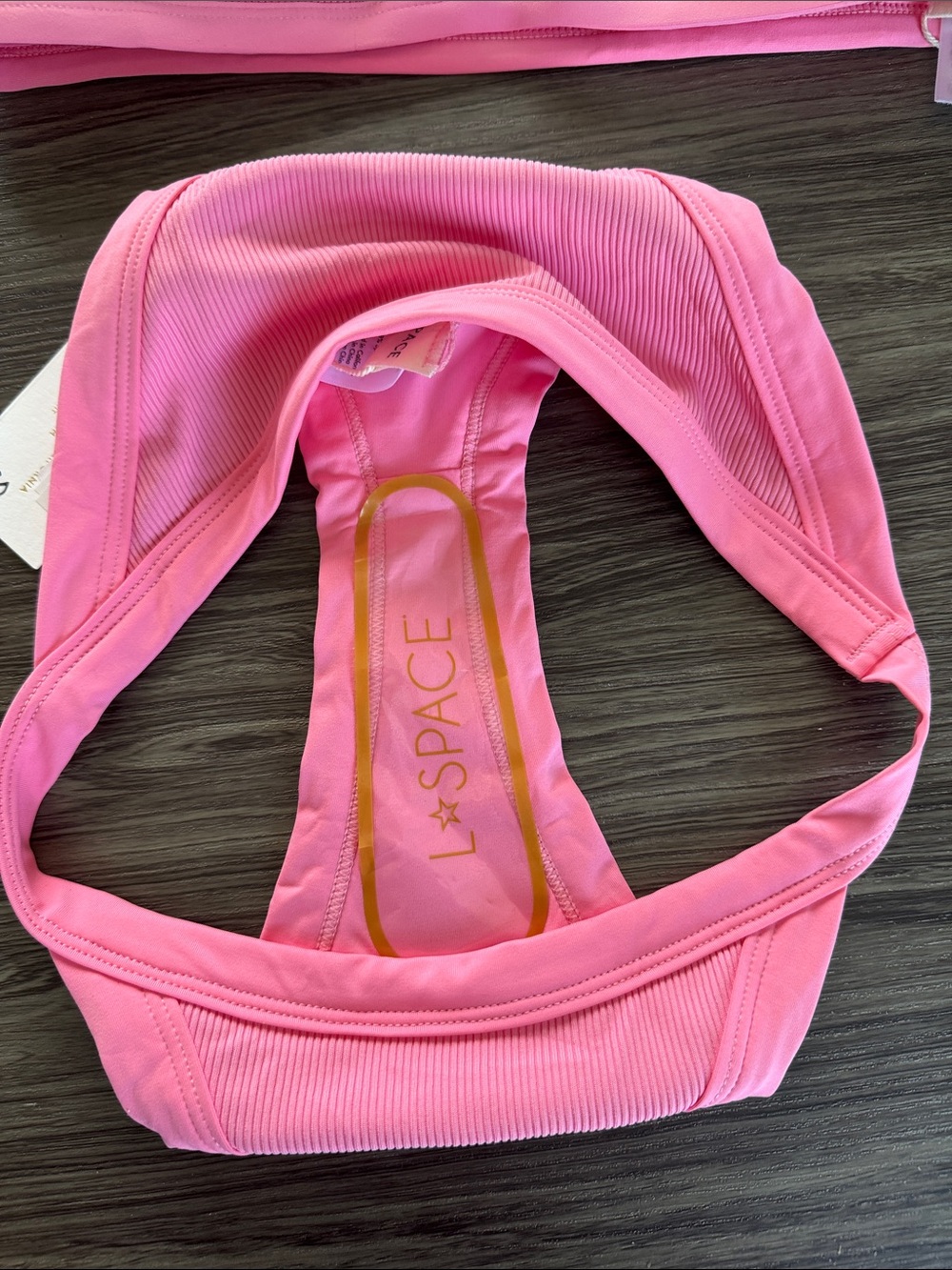l*space Bright Pink Guava Ribbed Triangle Bikini Set - Picture 4 of 5